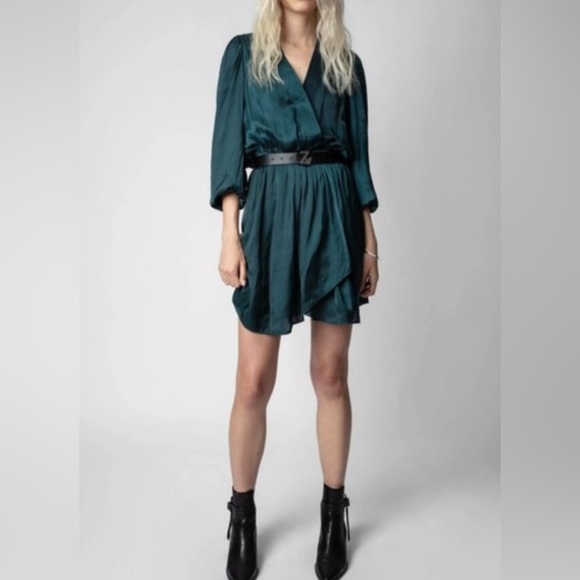 Zadig & Voltaire Green Remember Satin Long Sleeve V Neck Dress Party Going out M - Picture 10 of 11